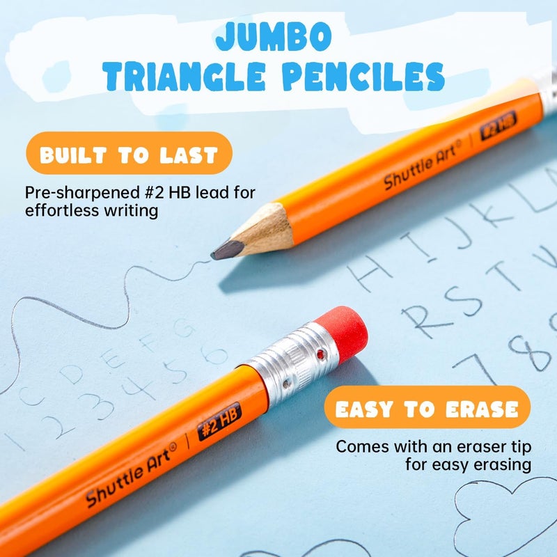 Shuttle Art Jumbo Pencils - 36 Pack Triangle Pre sharpened Pencils #2 HB with Top Erasers & Sharpener, for Kids Ages 3-5, Kindergarten School Supplies, Ideal for Home, Classroom - Image 3